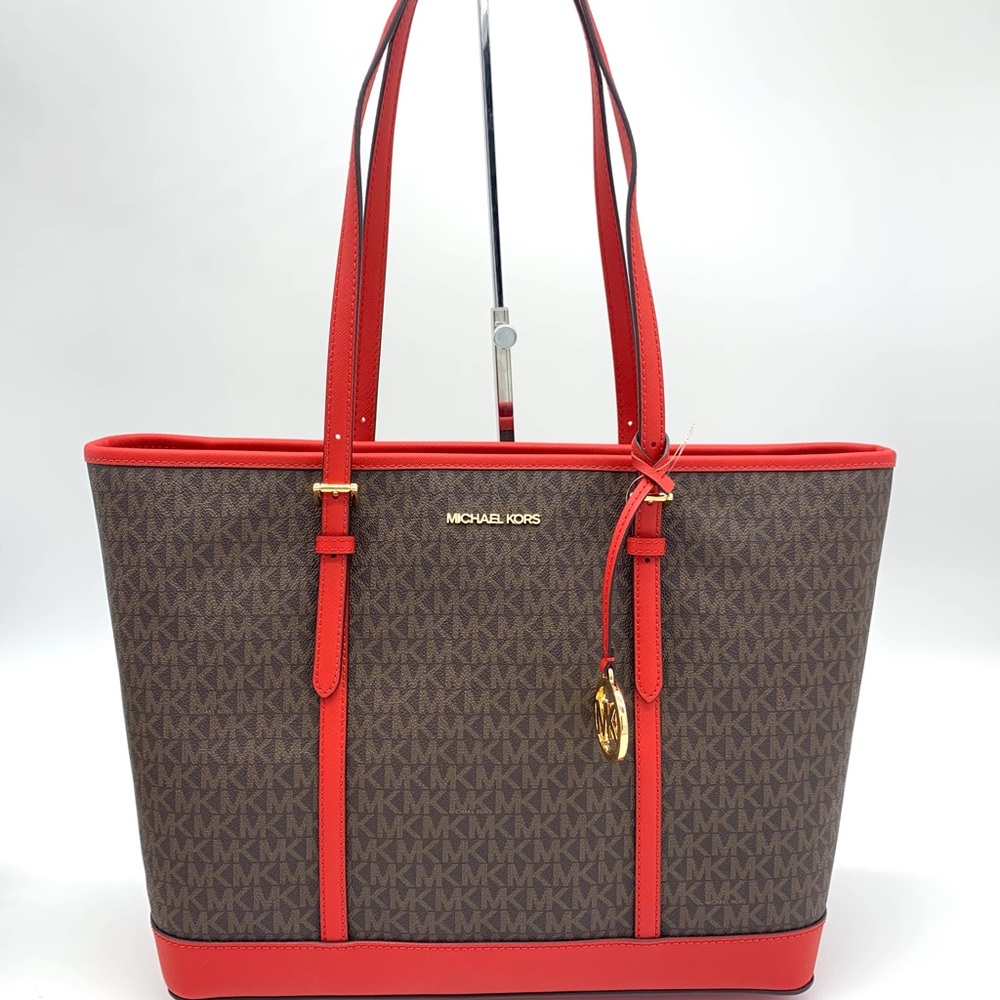 MICHAEL KORS JET SET TRAVEL LG TZ SHOULDER TOTE BAG in BROWN SIGNATURE/FLAME